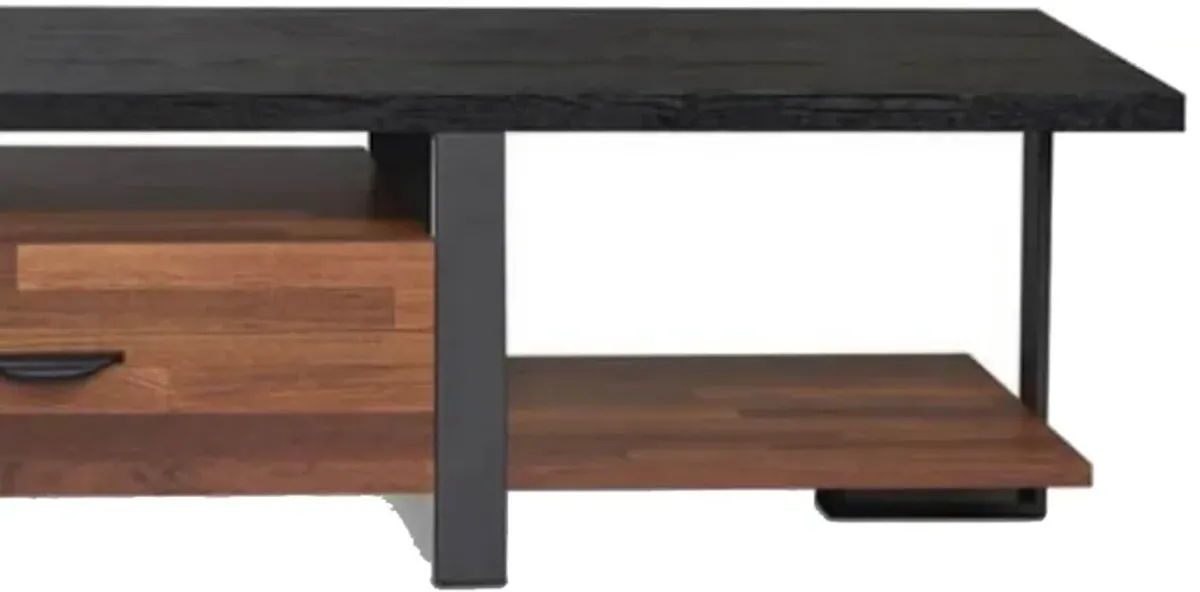 Metal Framed Wooden TV Stand Straight with Two Drawers and Open Shelf, Black and Brown-Benzara