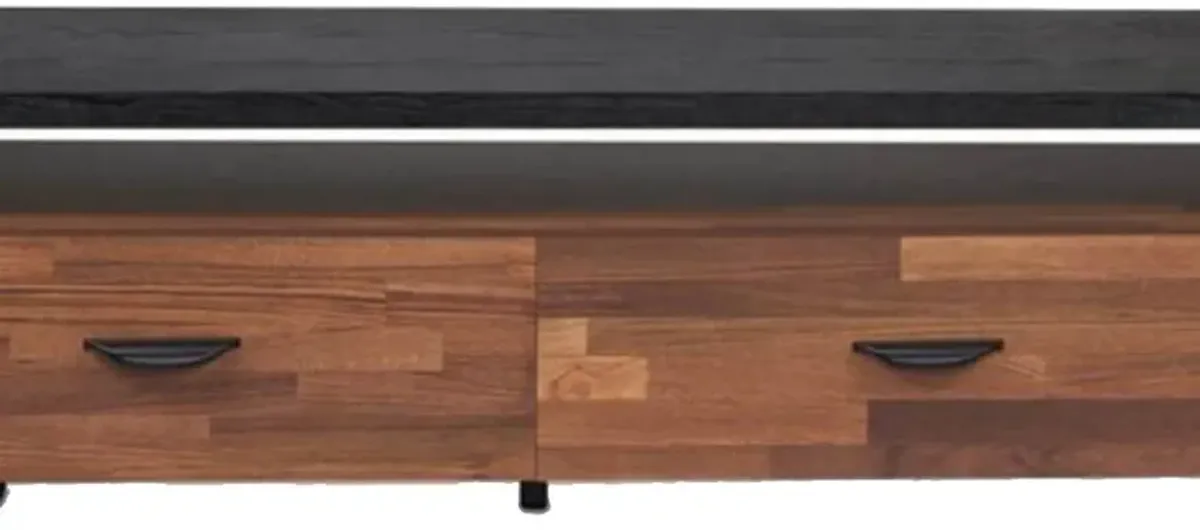 Metal Framed Wooden TV Stand Straight with Two Drawers and Open Shelf, Black and Brown-Benzara