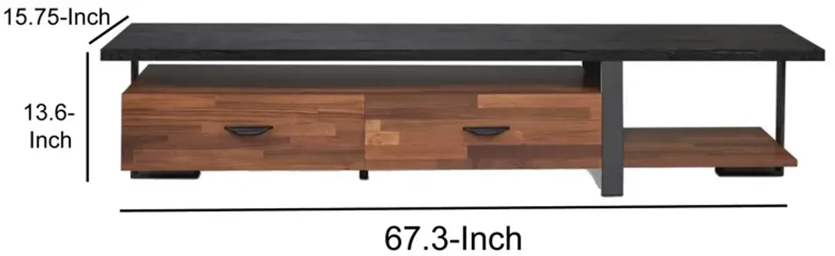 Metal Framed Wooden TV Stand Straight with Two Drawers and Open Shelf, Black and Brown-Benzara