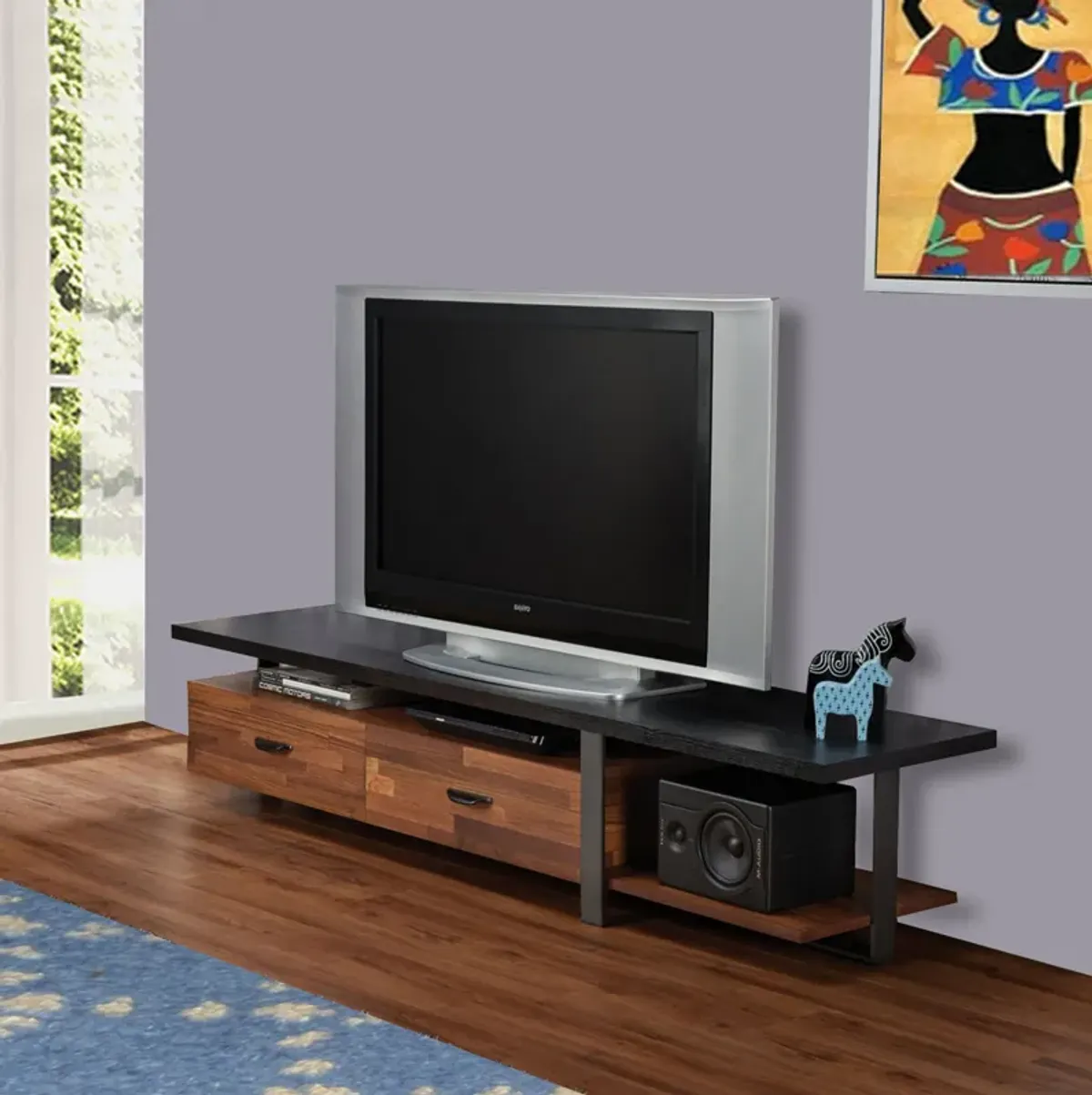 Metal Framed Wooden TV Stand Straight with Two Drawers and Open Shelf, Black and Brown-Benzara