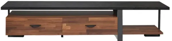 Metal Framed Wooden TV Stand Straight with Two Drawers and Open Shelf, Black and Brown-Benzara