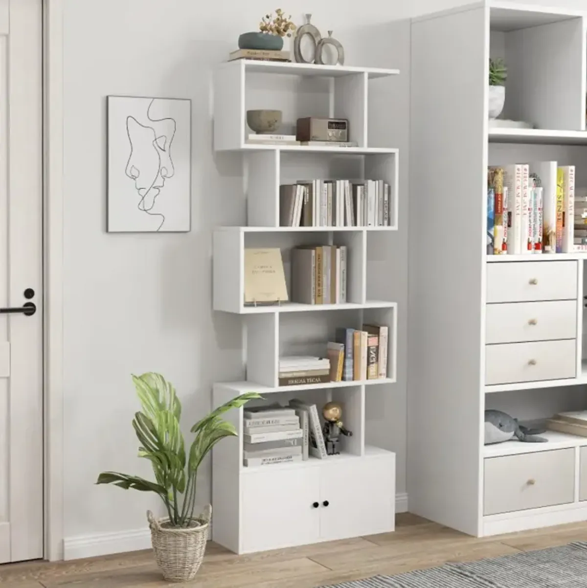 Hivvago 6-Tier S-Shaped Freestanding Bookshelf with Cabinet and Door