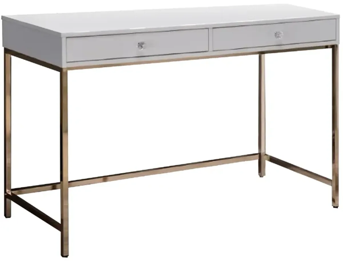 47 Inch Desk Console Table, 2 Drawers, Metal Frame, White, Gold-Benzara