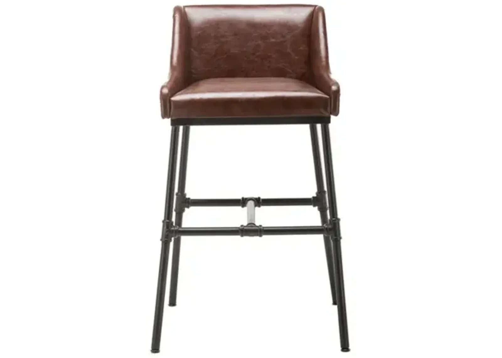 Leatherette Bar Stool with Riveted Metal Backing, Brown and Black-Benzara