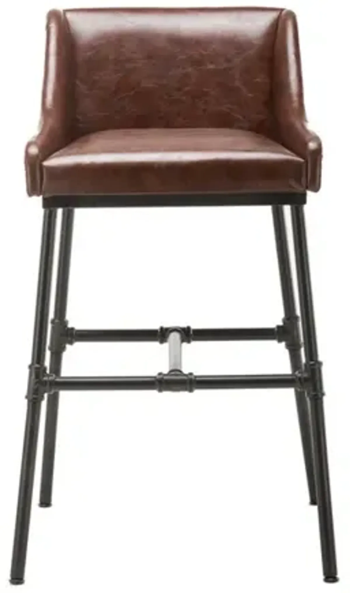 Leatherette Bar Stool with Riveted Metal Backing, Brown and Black-Benzara