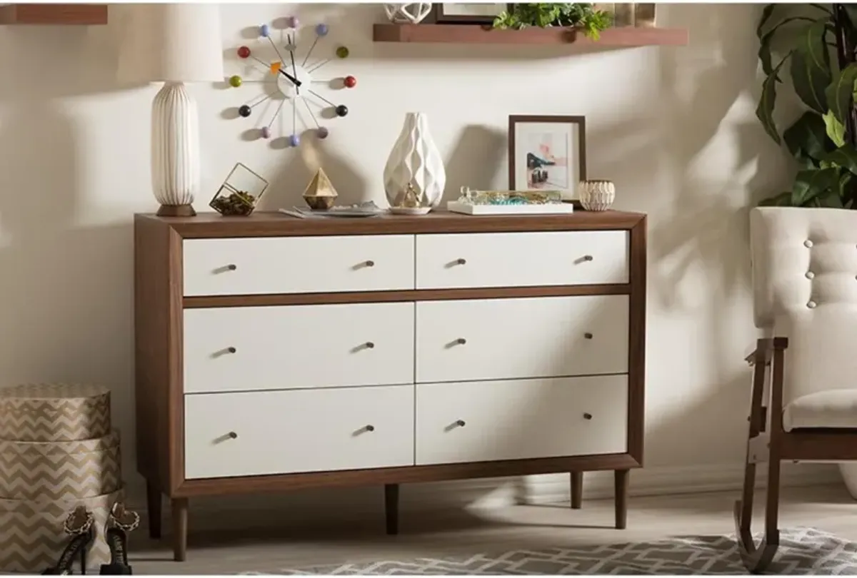 Scandinavian Style White and Walnut Wood 6-drawer Storage Dresser