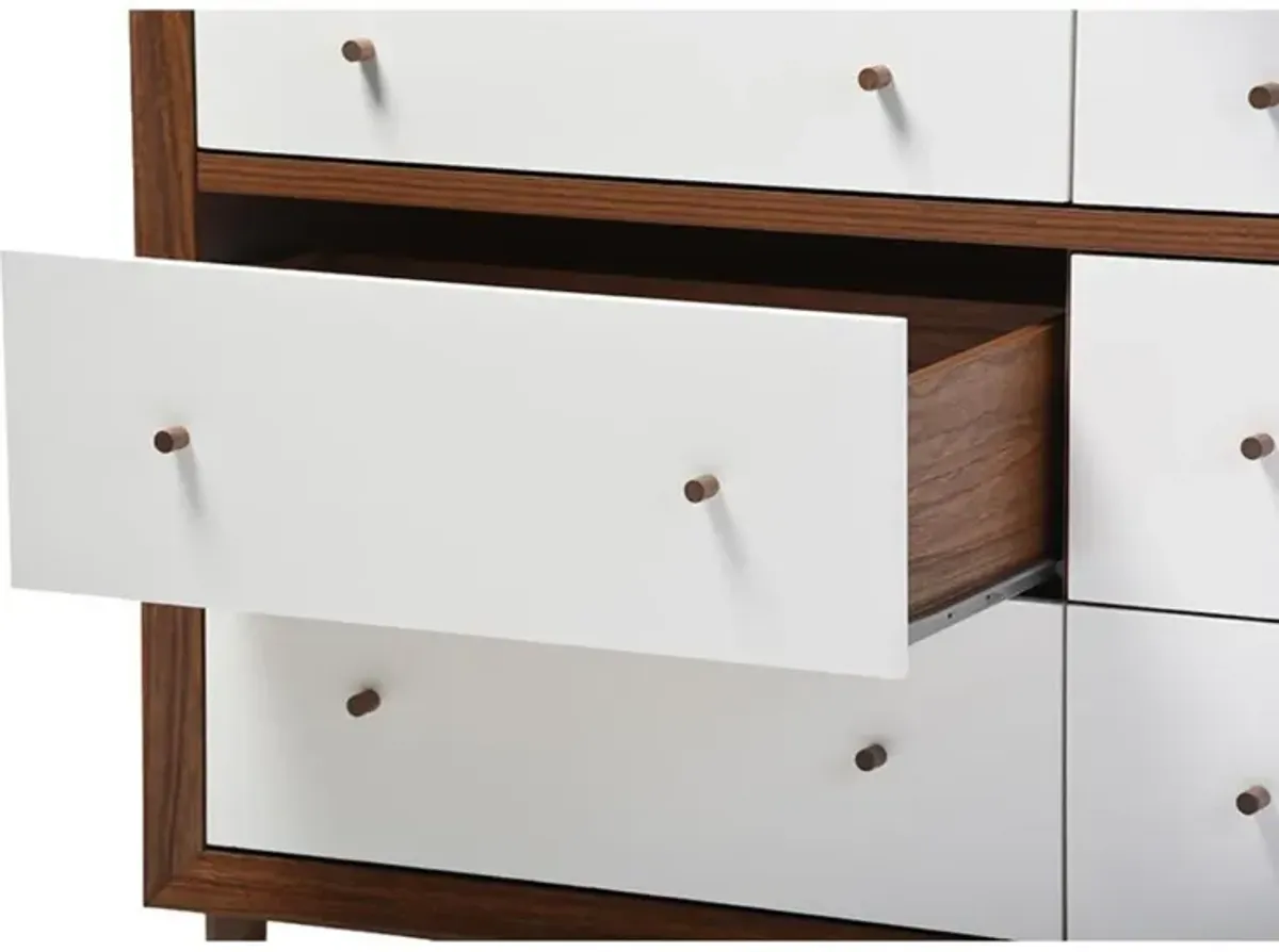 Scandinavian Style White and Walnut Wood 6-drawer Storage Dresser