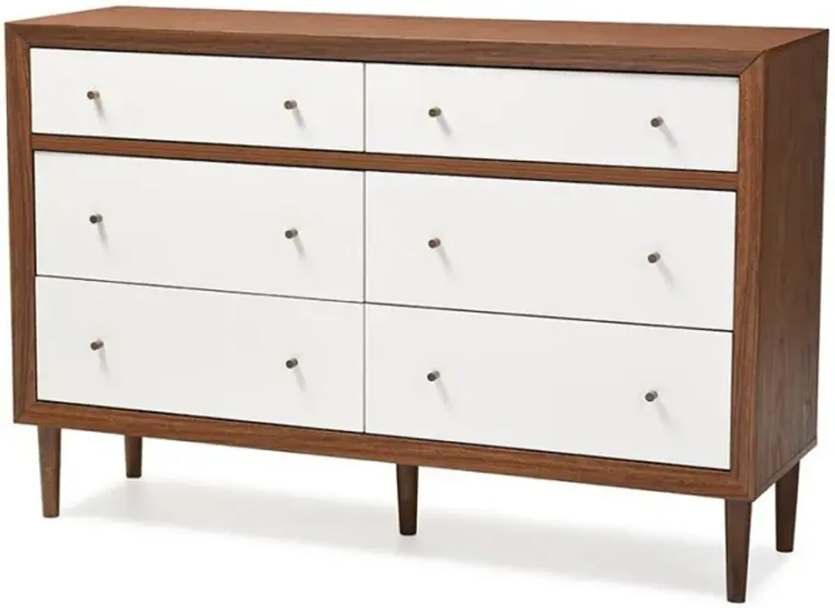 Scandinavian Style White and Walnut Wood 6-drawer Storage Dresser