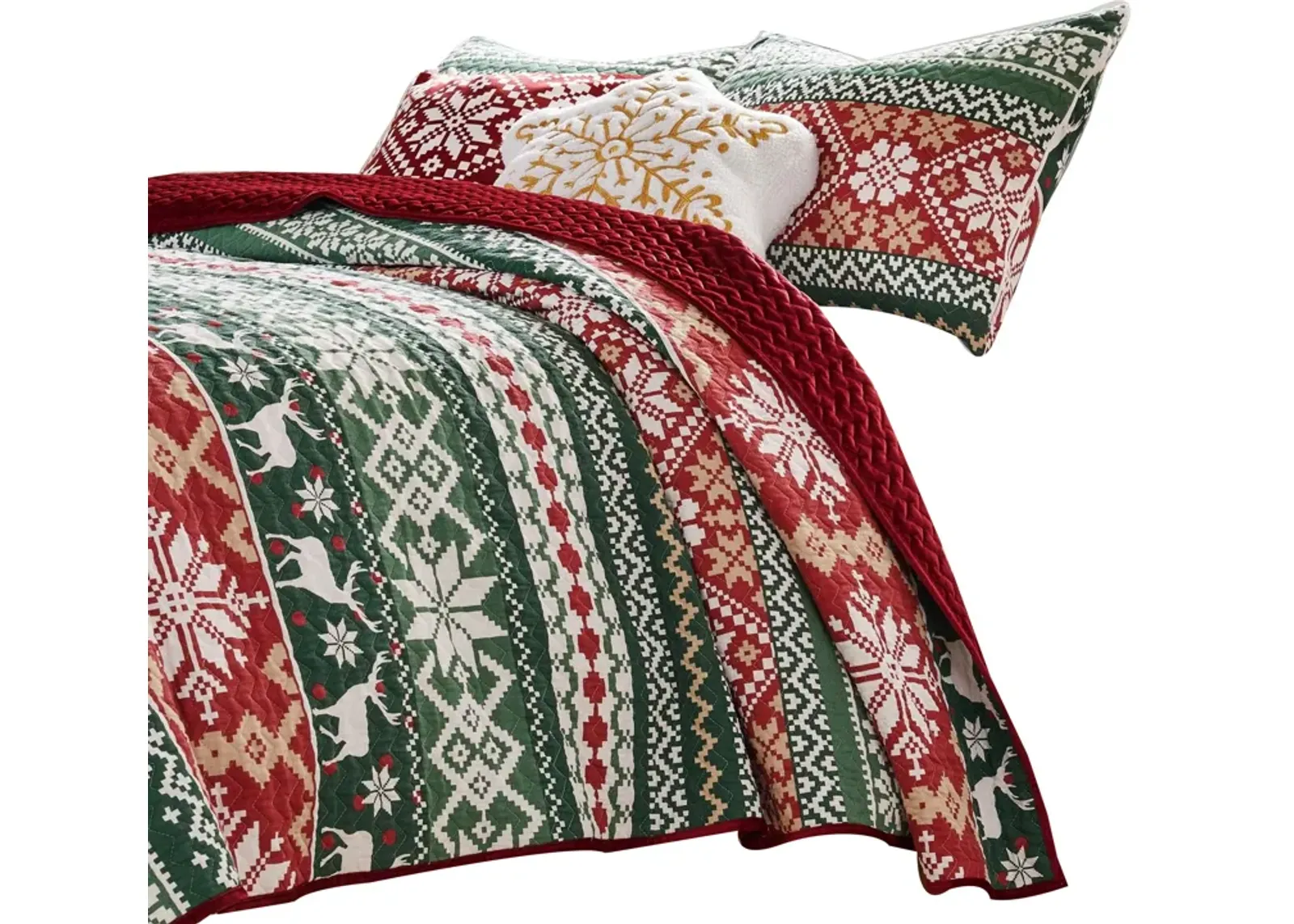 Live 3 Piece Queen Quilt Set with 2 Pillow Shams, Festive Winter Print  - Benzara