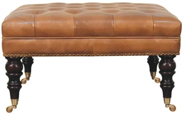 Studded Buffalo Tan Leather Ottoman with Castor Legs