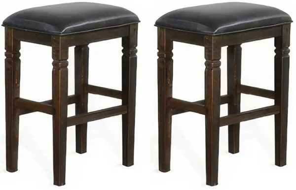 Flint Barstool, Set of 2, Backless, Plush Black Vinyl Seat, Dark Brown Mahogany - Benzara