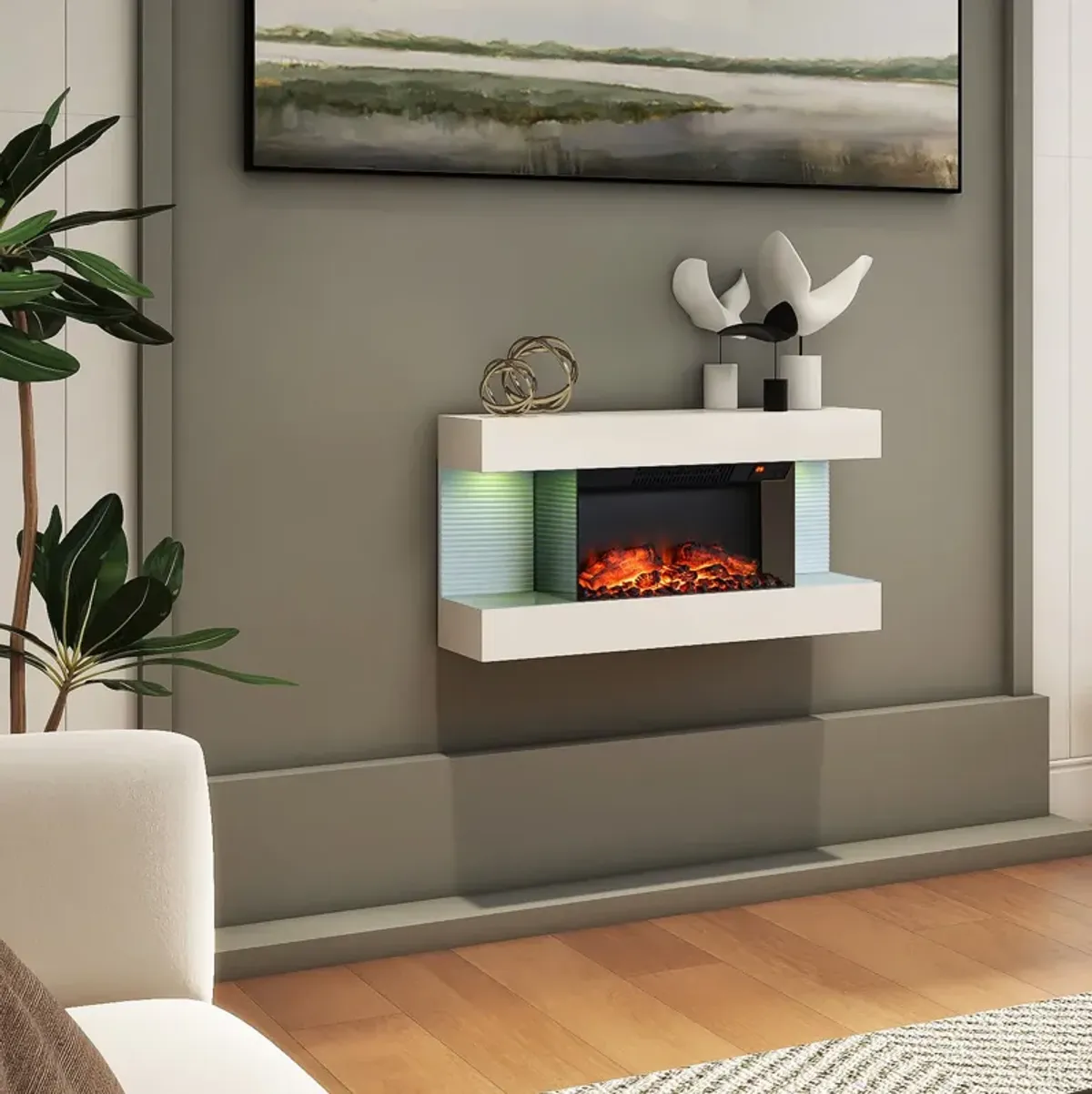 MONDAWE Stylish Electric Fireplace Integrated 3-Sided Fireplace with 32" Suspended LED Light Mantel with Remote Control