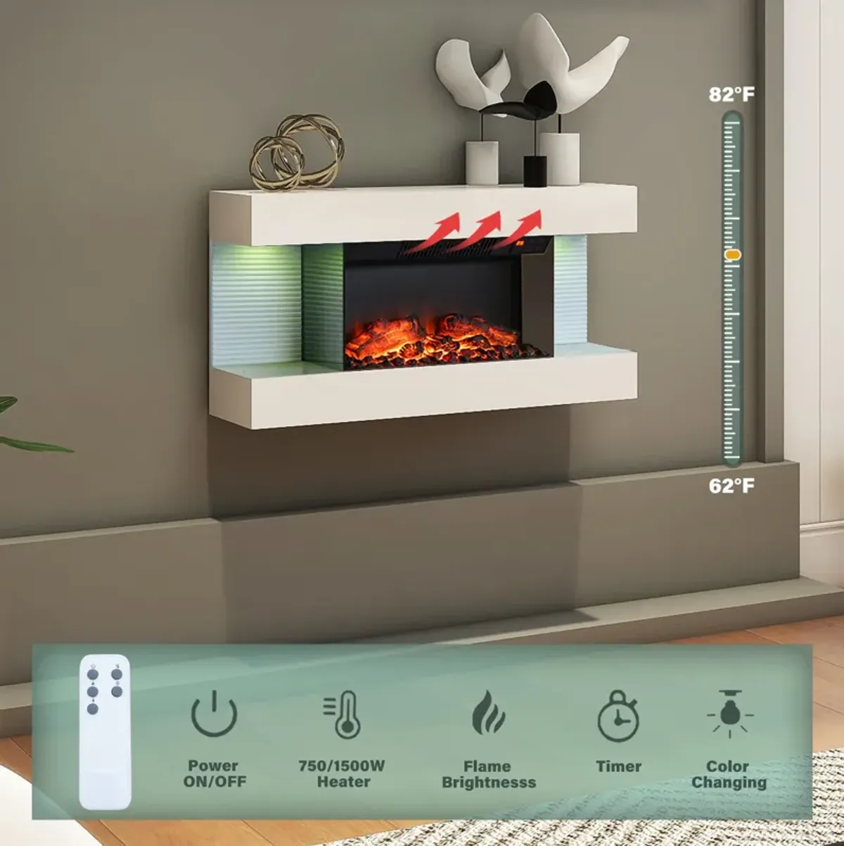 MONDAWE Stylish Electric Fireplace Integrated 3-Sided Fireplace with 32" Suspended LED Light Mantel with Remote Control