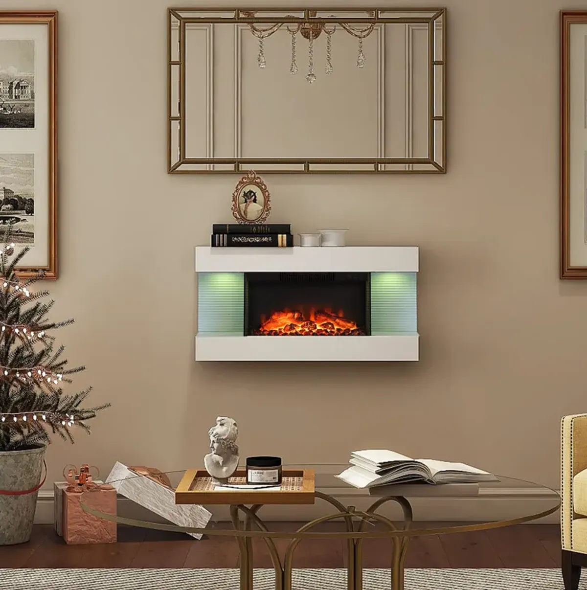 MONDAWE Stylish Electric Fireplace Integrated 3-Sided Fireplace with 32" Suspended LED Light Mantel with Remote Control