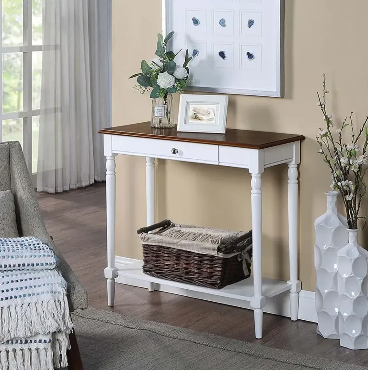 Convenience Concepts French Country 1 Drawer Hall Table with Shelf, Dark Walnut/White Finish