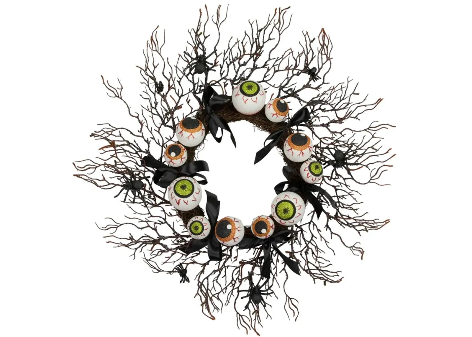 Eyeballs and Spiders Halloween Twig Wreath  24-Inch  Unlit