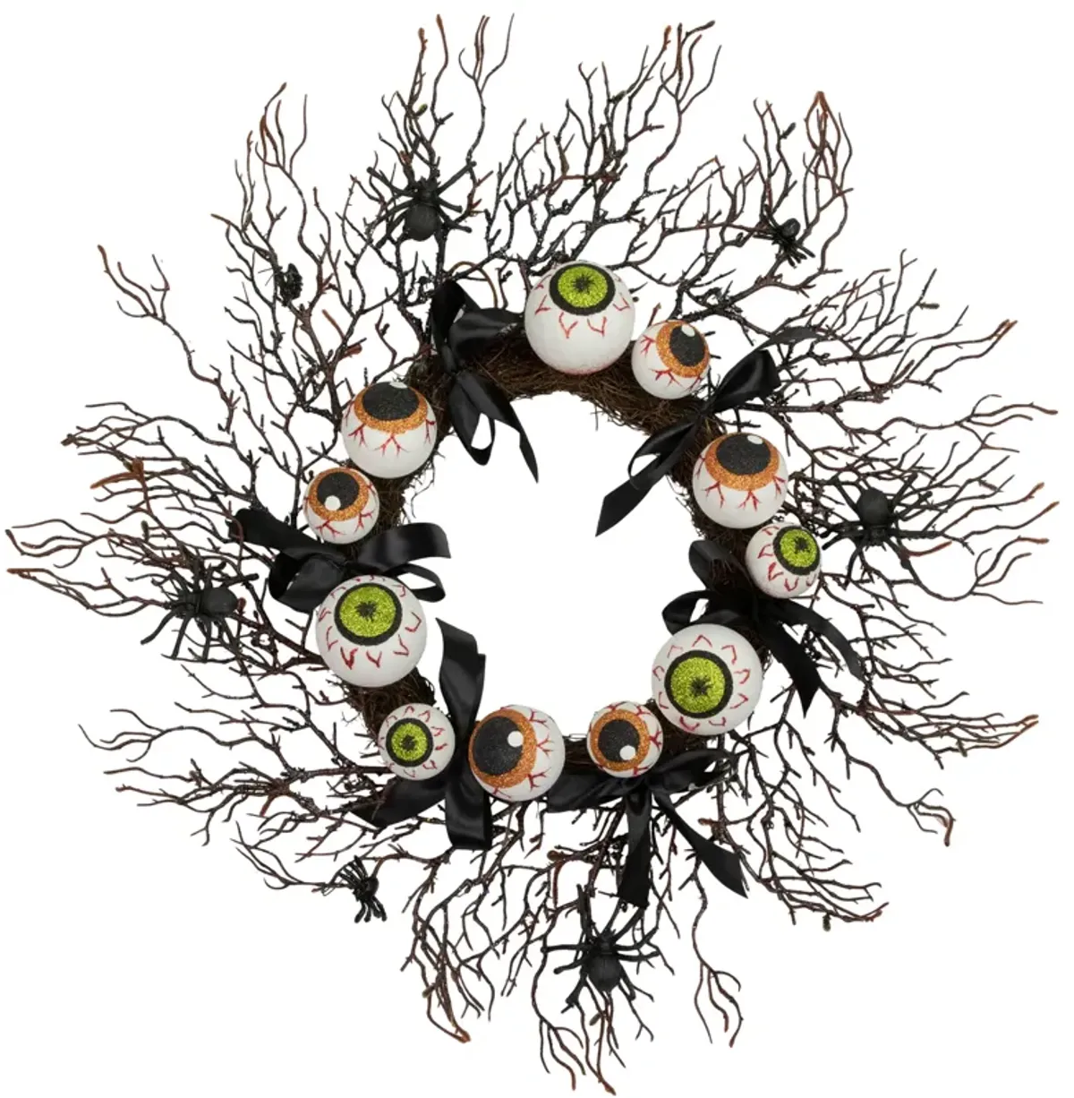 Eyeballs and Spiders Halloween Twig Wreath  24-Inch  Unlit