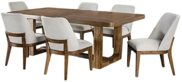 Ramie 7pc Dining Table Set, 84-102 Inch Expandable Leaf, 6 White Chair - Benzara