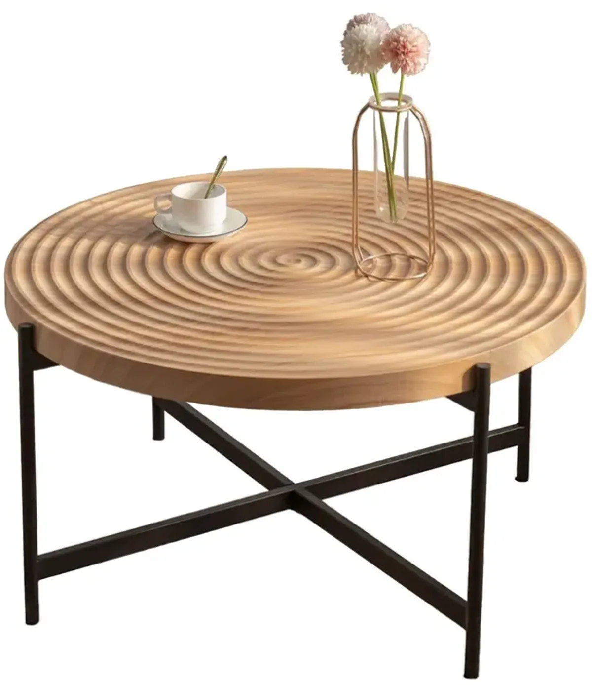 33" Modern Thread Design Round Coffee Table - MDF Table Top, Cross Legs Metal Base - Stylish, Contemporary Furniture