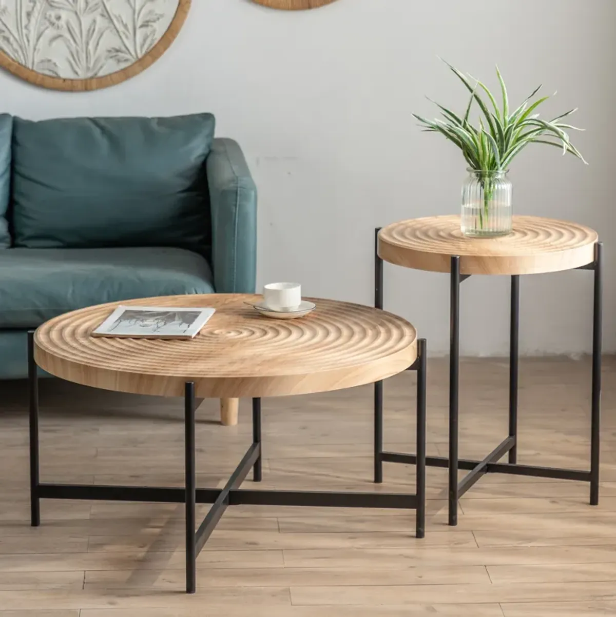 33" Modern Thread Design Round Coffee Table - MDF Table Top, Cross Legs Metal Base - Stylish, Contemporary Furniture