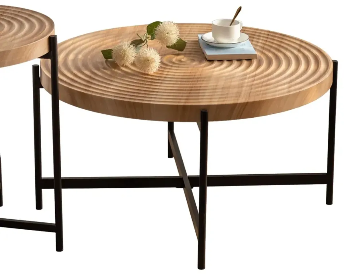 33" Modern Thread Design Round Coffee Table - MDF Table Top, Cross Legs Metal Base - Stylish, Contemporary Furniture