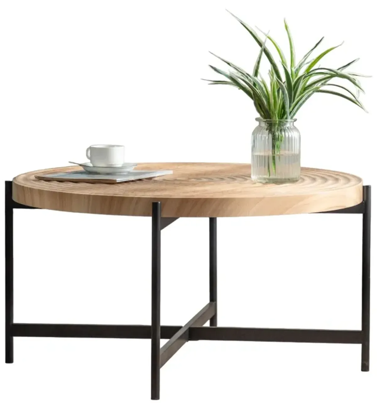 33" Modern Thread Design Round Coffee Table - MDF Table Top, Cross Legs Metal Base - Stylish, Contemporary Furniture