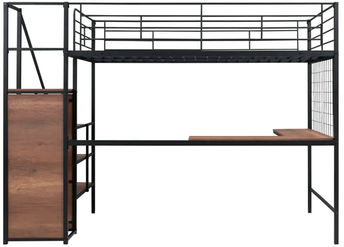 Merax  Metal Loft Bed with Desk and Wardrobe