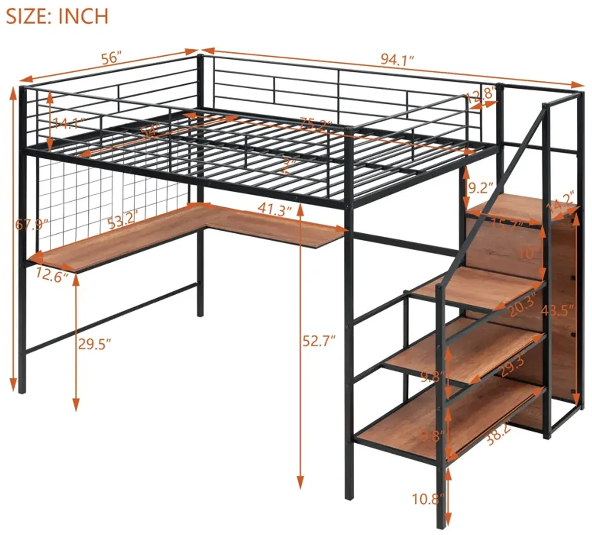 Merax  Metal Loft Bed with Desk and Wardrobe