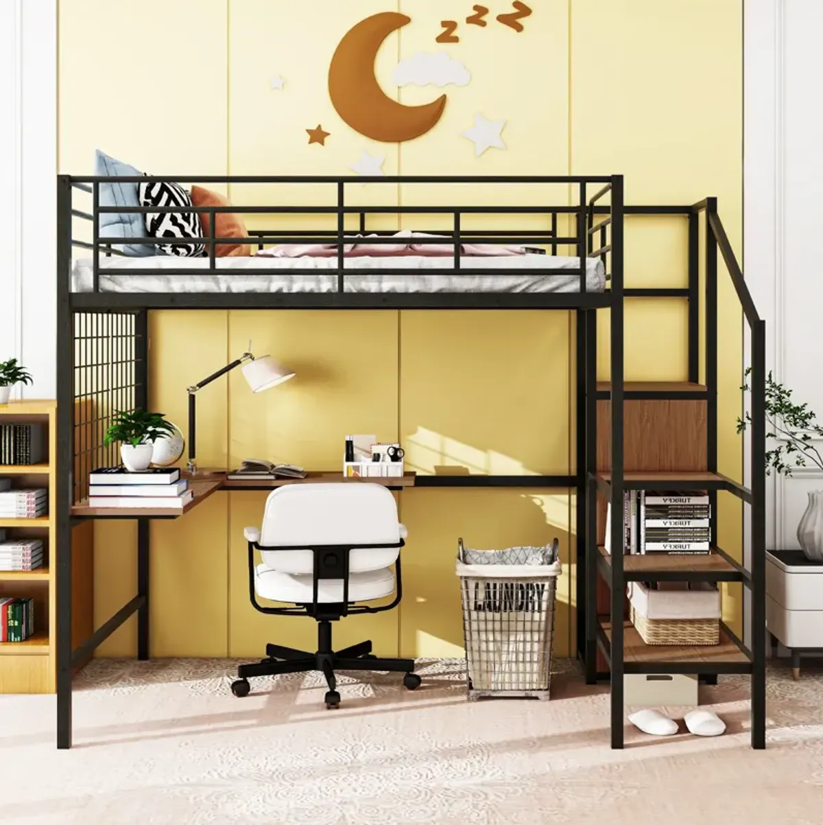 Merax  Metal Loft Bed with Desk and Wardrobe