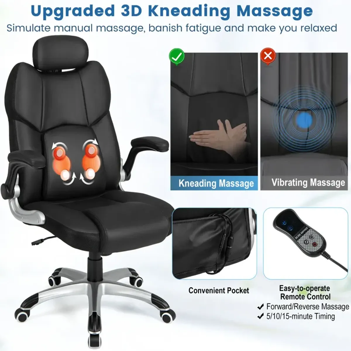 Kneading Massage Office Chair with Adjustable Headrest-Black