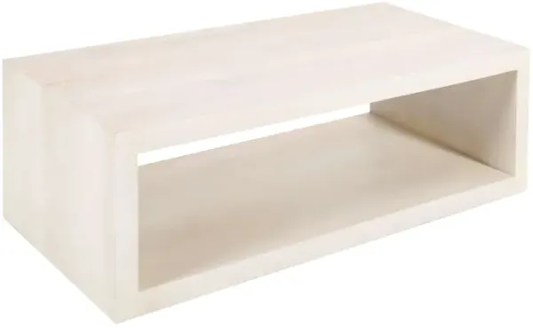 Keli Coffee Table, 58 Inch Minimalist Open Frame, Rustic Washed White Mango Wood
