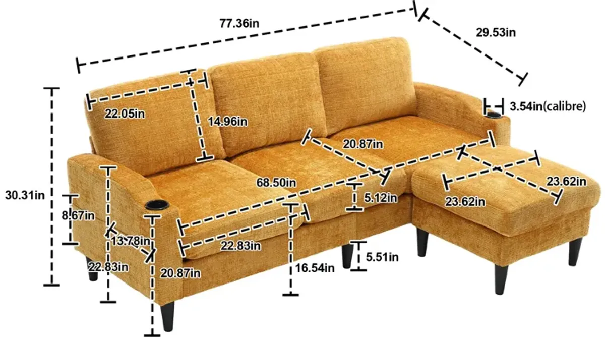 HOT SALE! Sofa for three, solid wood frame, Chenille fabric, side pocket, with two cup holders, footstool with storagestorage sofa /Living room sofa cozy sectional sofa