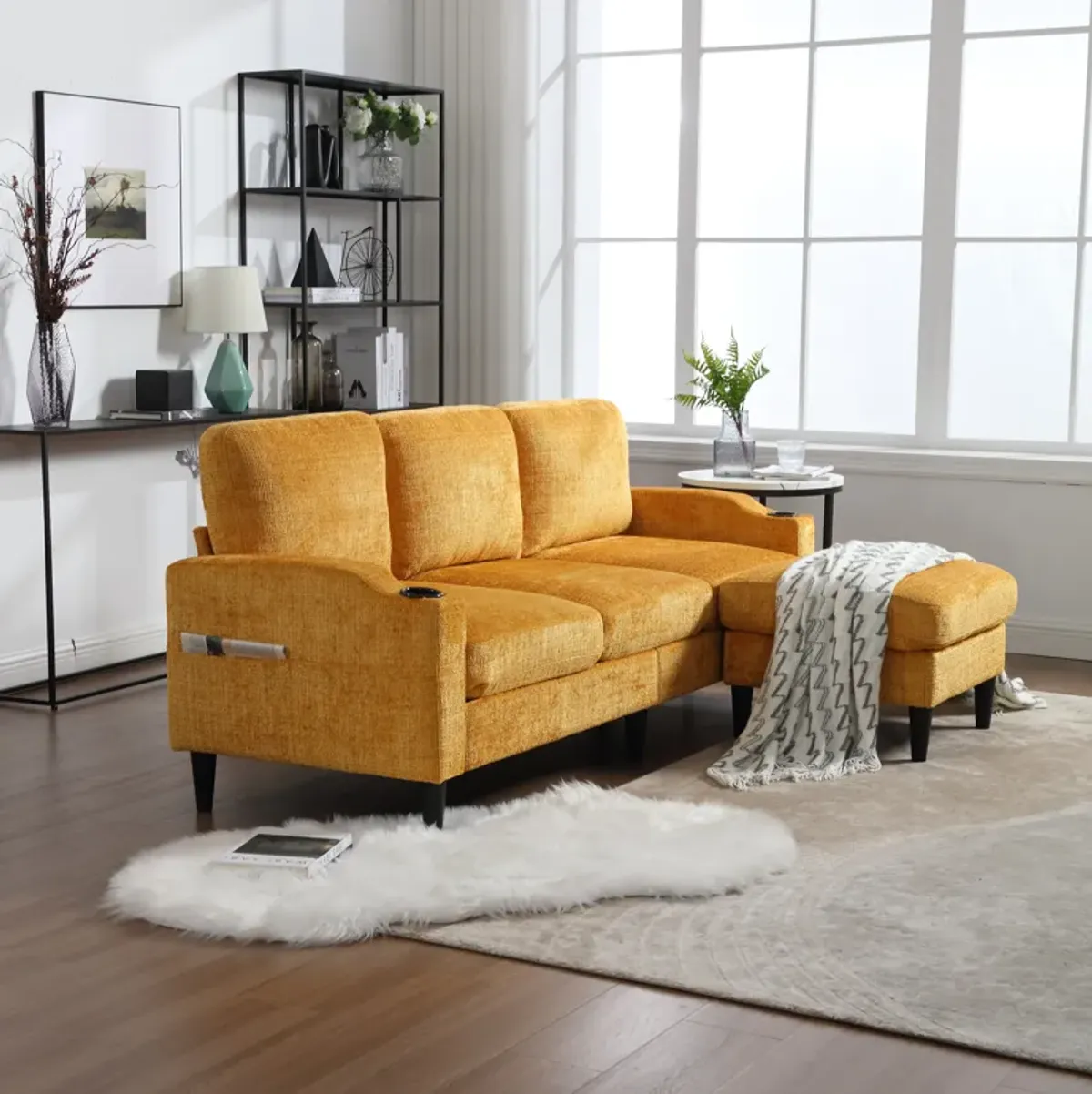 HOT SALE! Sofa for three, solid wood frame, Chenille fabric, side pocket, with two cup holders, footstool with storagestorage sofa /Living room sofa cozy sectional sofa