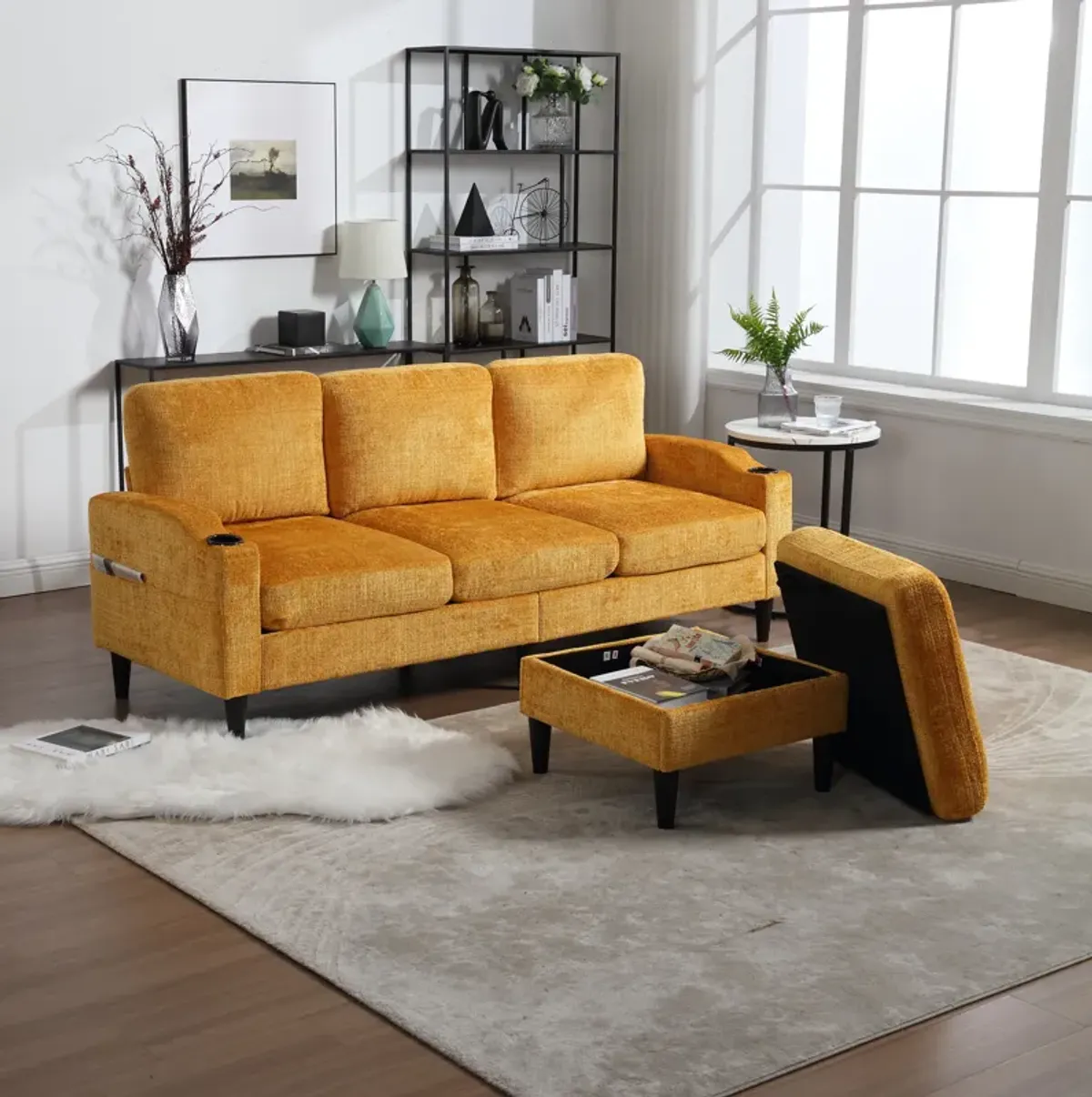 HOT SALE! Sofa for three, solid wood frame, Chenille fabric, side pocket, with two cup holders, footstool with storagestorage sofa /Living room sofa cozy sectional sofa