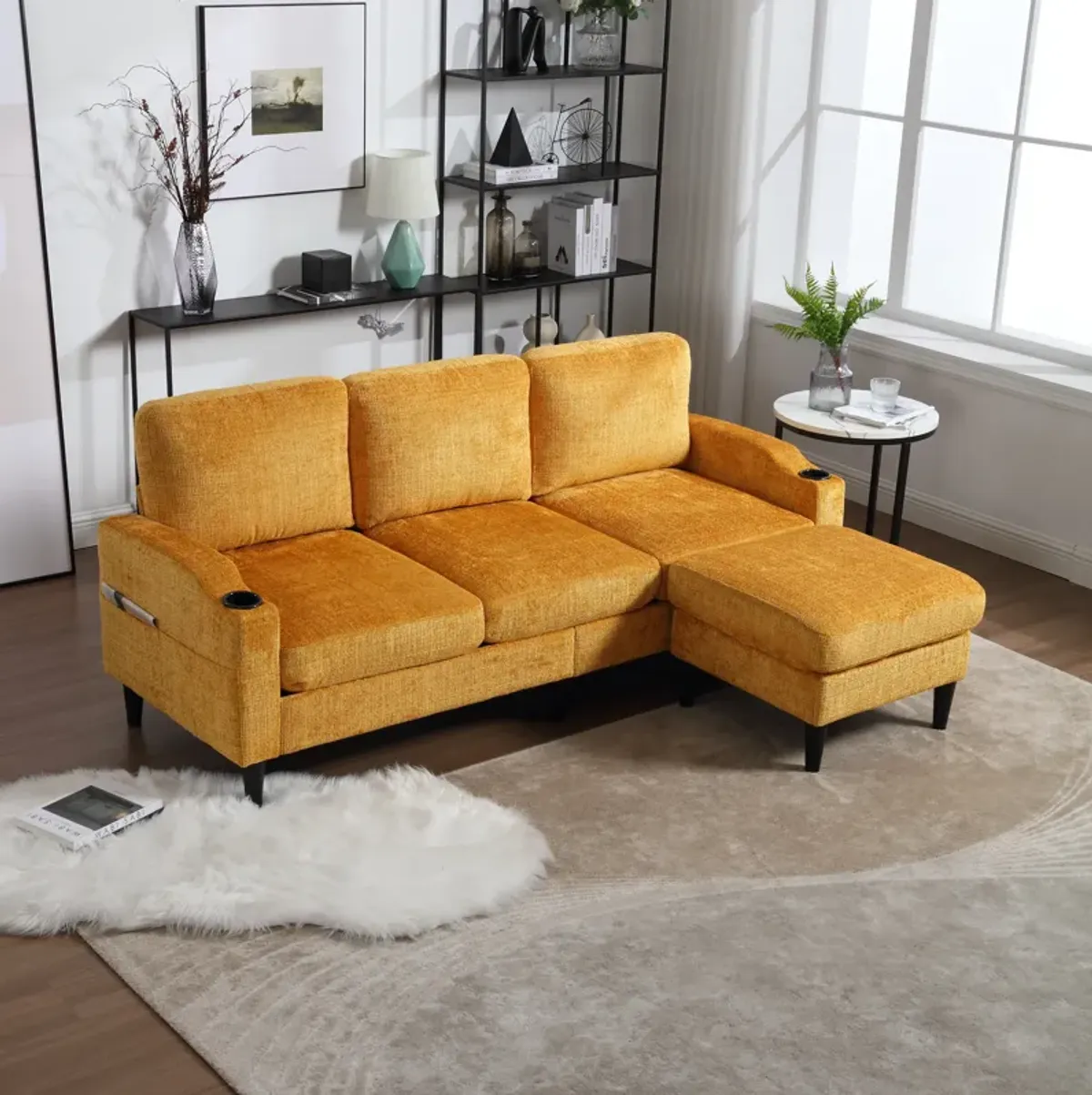 HOT SALE! Sofa for three, solid wood frame, Chenille fabric, side pocket, with two cup holders, footstool with storagestorage sofa /Living room sofa cozy sectional sofa