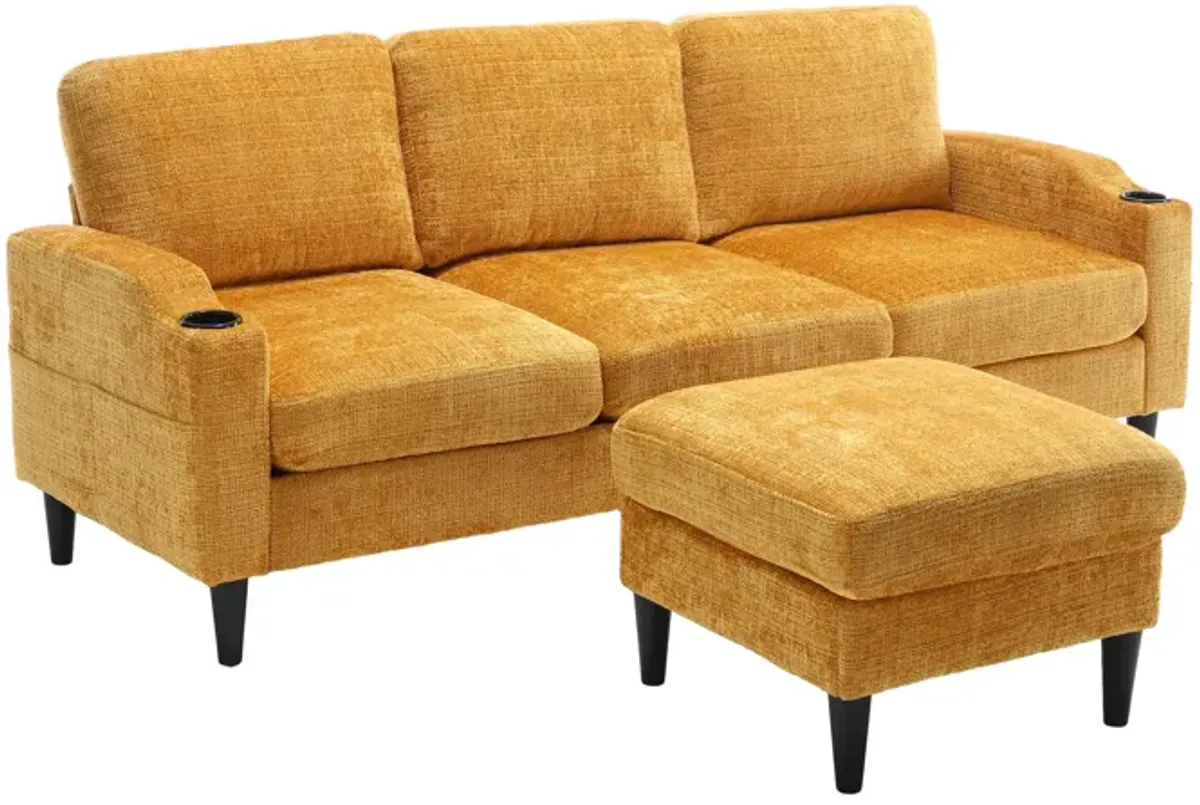 Sofa for three, solid wood frame, Chenille fabric, side pocket, with two cup holders, footstool with storagestorage sofa /Living room sofa cozy sectional sofa