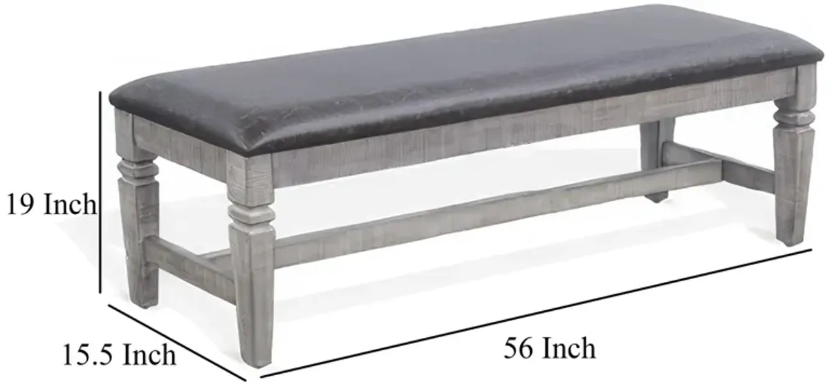 Camie Dining Bench, 56 Inch Faux Leather Seat, Gray Mahogany Wood - Benzara