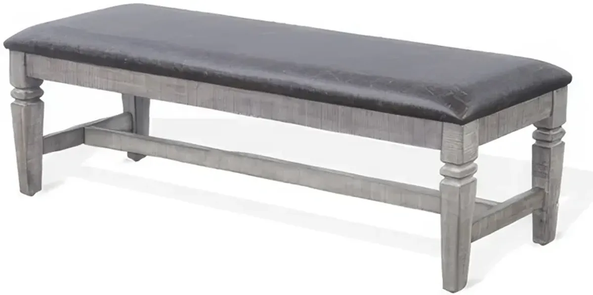 Camie Dining Bench, 56 Inch Faux Leather Seat, Gray Mahogany Wood - Benzara