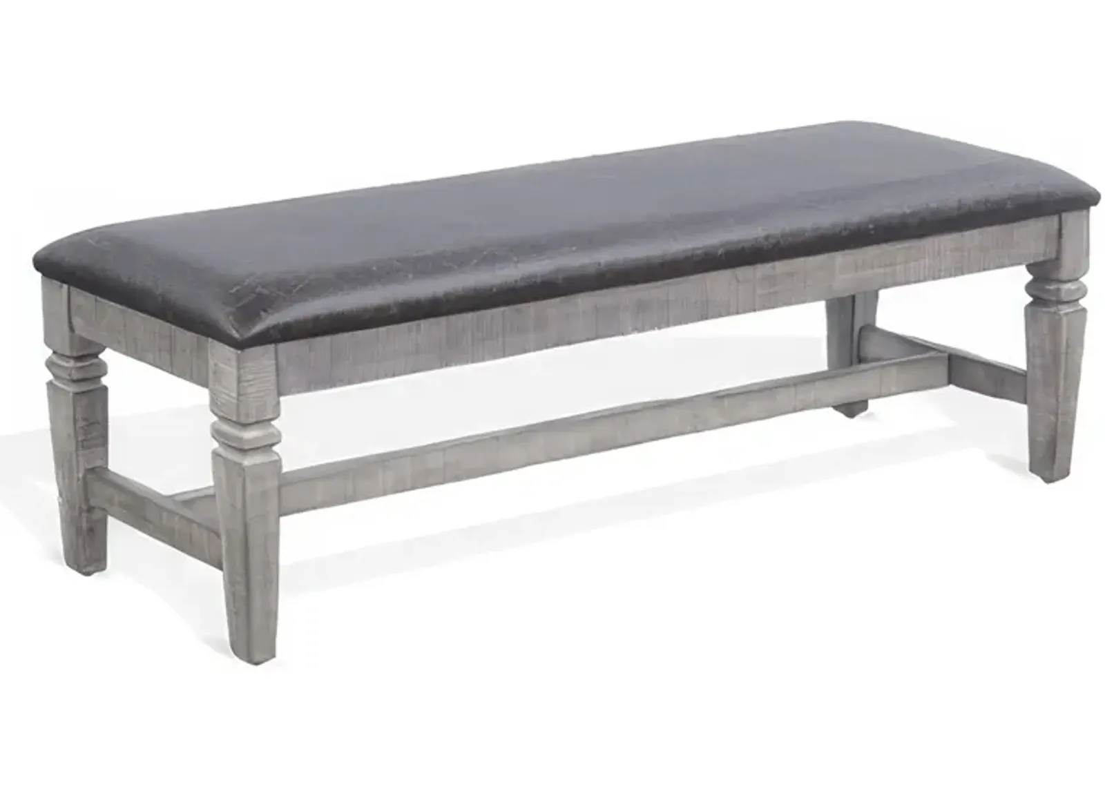 Camie Dining Bench, 56 Inch Faux Leather Seat, Gray Mahogany Wood - Benzara