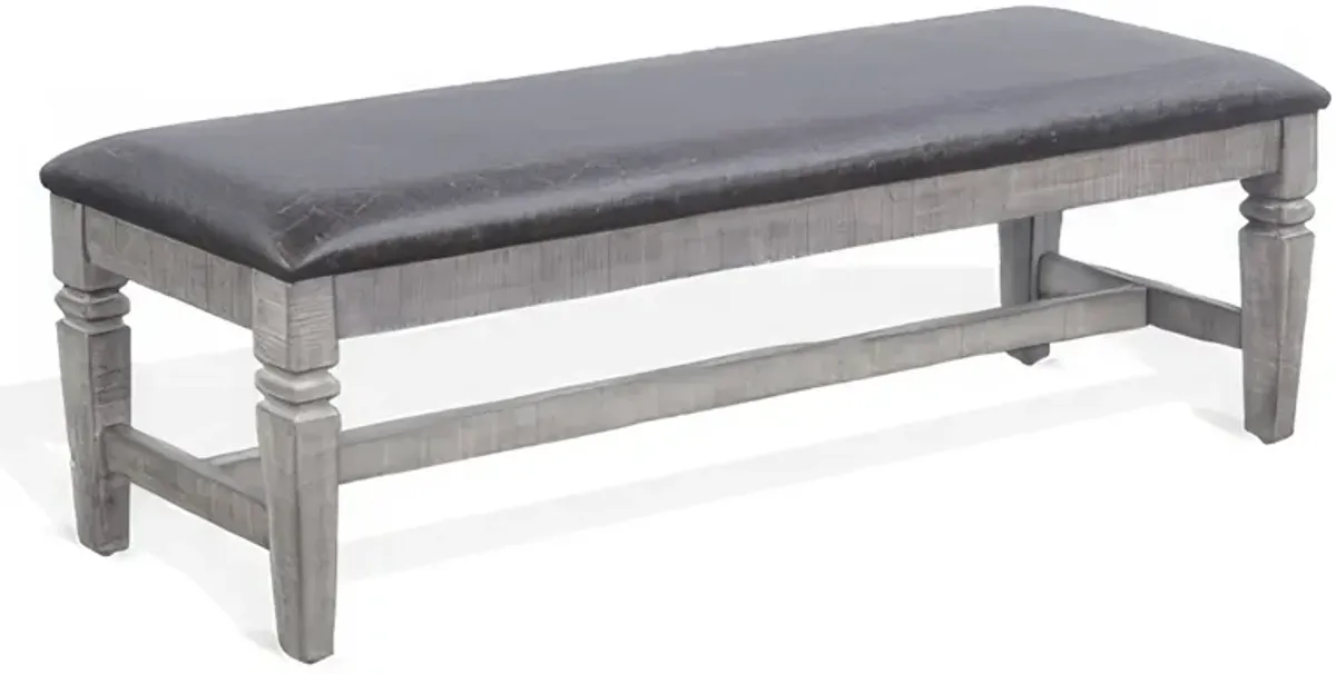 Camie Dining Bench, 56 Inch Faux Leather Seat, Gray Mahogany Wood - Benzara