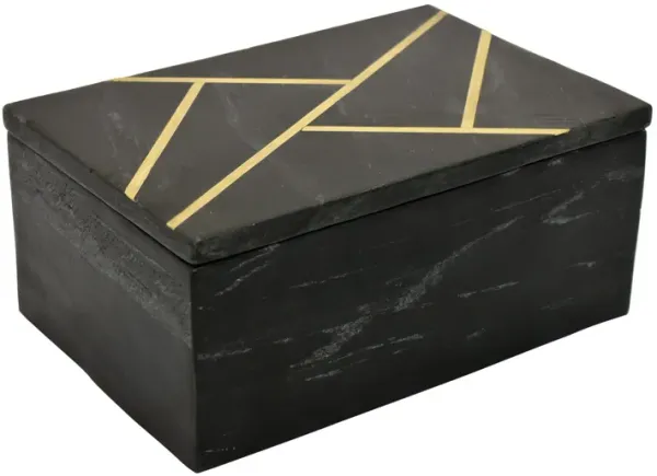 Axel Decorative Storage Box, Gold Geometric Inlay, Black Marble 9 Inch - Benzara