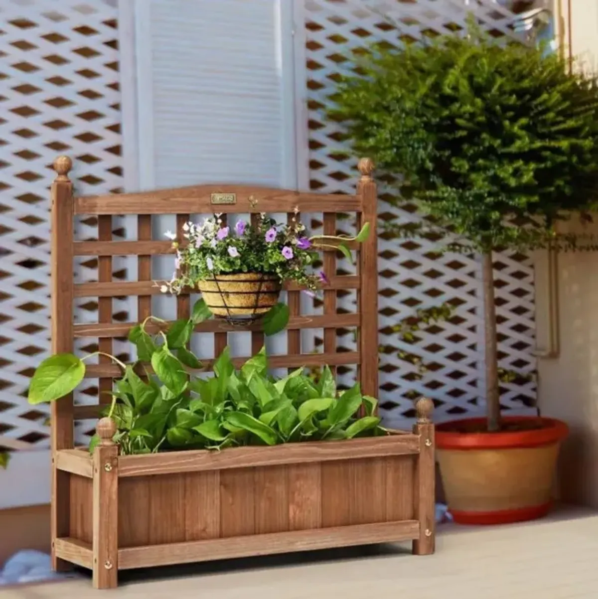 Outdoor Garden Planter Box with High Trellis for Vertical Planting and Decorative Garden Display