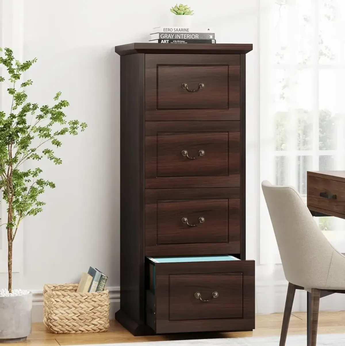 4-Drawer Vertical File Cabinet, Filing Cabinet with Drawers, Wood File Cabinet for A4 /Letter Size Narrow Tall Filing Cabinets with Adjustable Hanging Rod for Home Office, Storage Lockers