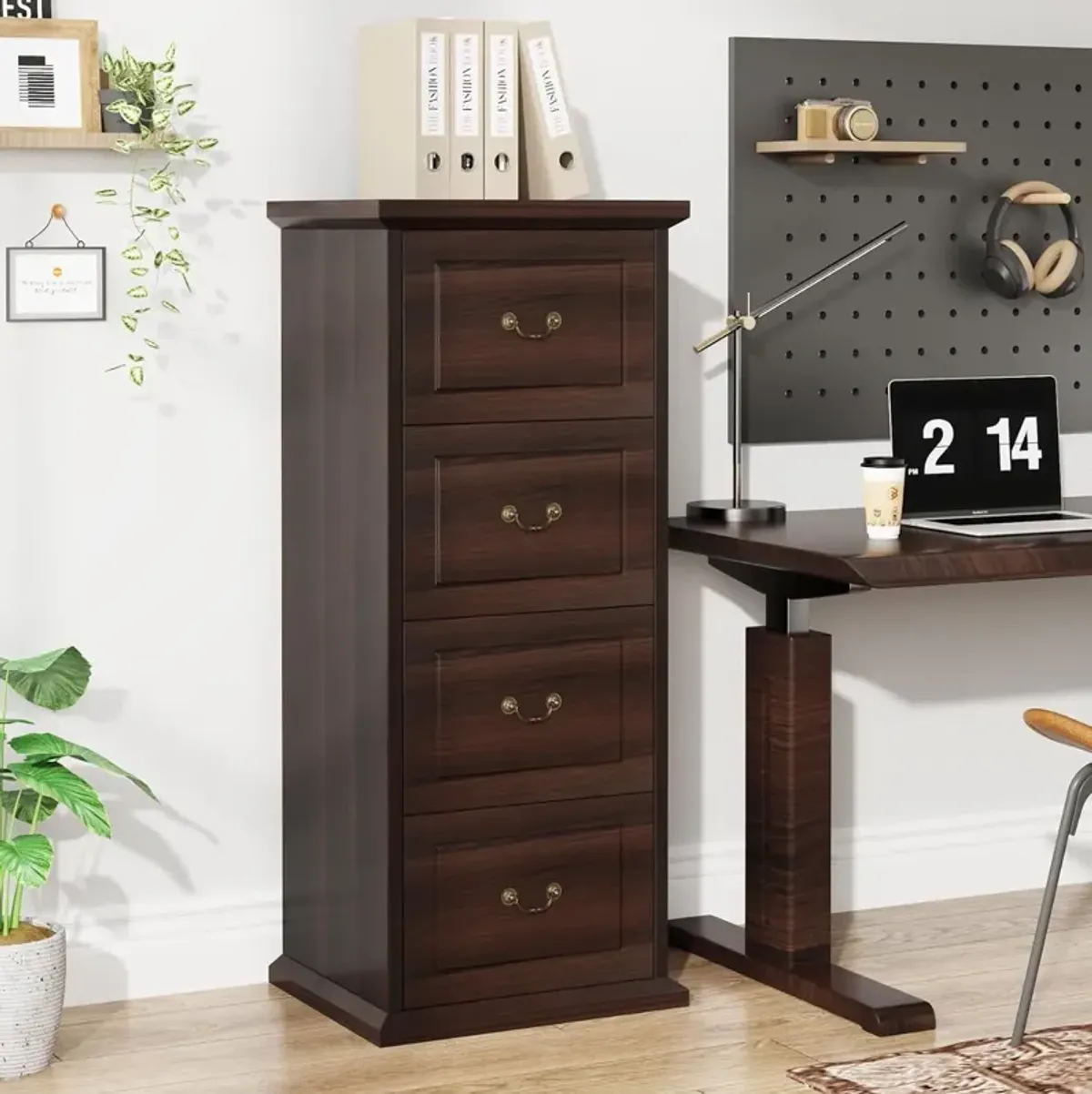 4-Drawer Vertical File Cabinet, Filing Cabinet with Drawers, Wood File Cabinet for A4 /Letter Size Narrow Tall Filing Cabinets with Adjustable Hanging Rod for Home Office, Storage Lockers