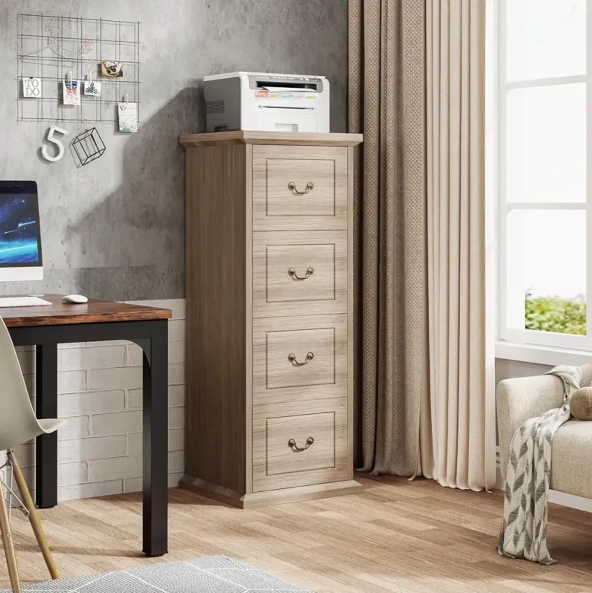 4-Drawer Vertical File Cabinet, Filing Cabinet with Drawers, Wood File Cabinet for A4 /Letter Size Narrow Tall Filing Cabinets with Adjustable Hanging Rod for Home Office, Storage Lockers