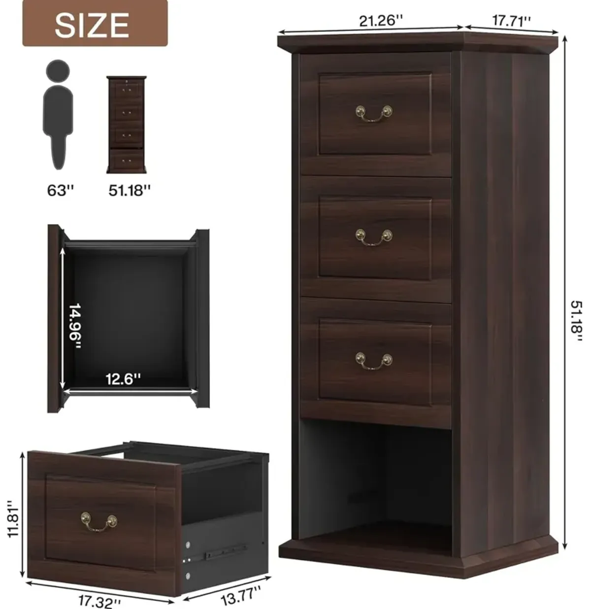 4-Drawer Vertical File Cabinet, Filing Cabinet with Drawers, Wood File Cabinet for A4 /Letter Size Narrow Tall Filing Cabinets with Adjustable Hanging Rod for Home Office, Storage Lockers