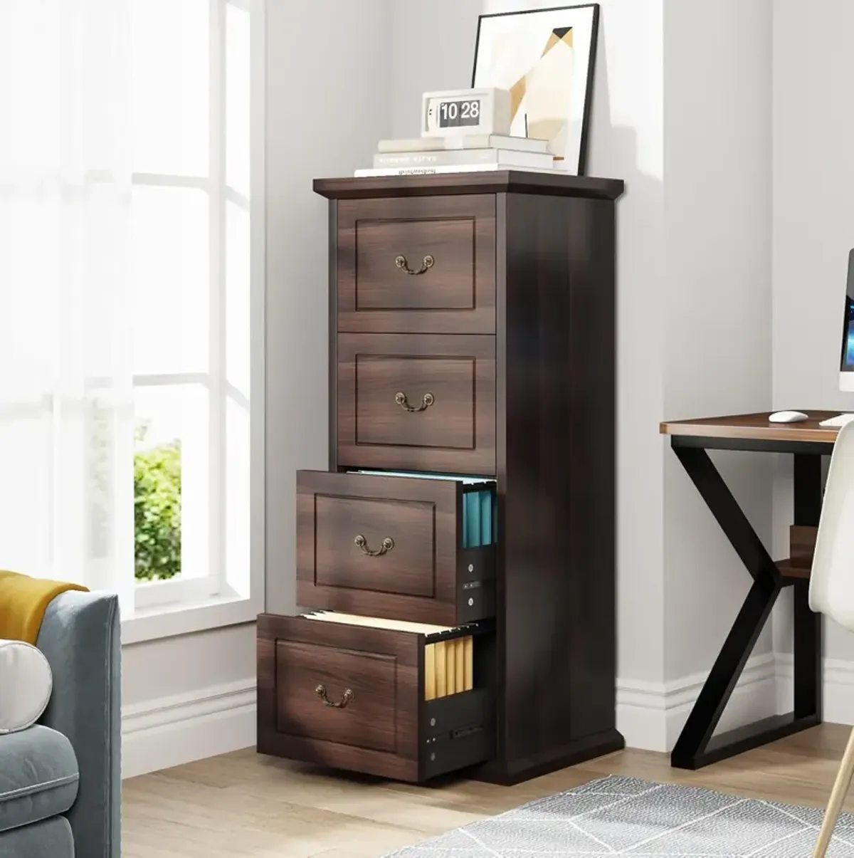 4-Drawer Vertical File Cabinet, Filing Cabinet with Drawers, Wood File Cabinet for A4 /Letter Size Narrow Tall Filing Cabinets with Adjustable Hanging Rod for Home Office, Storage Lockers