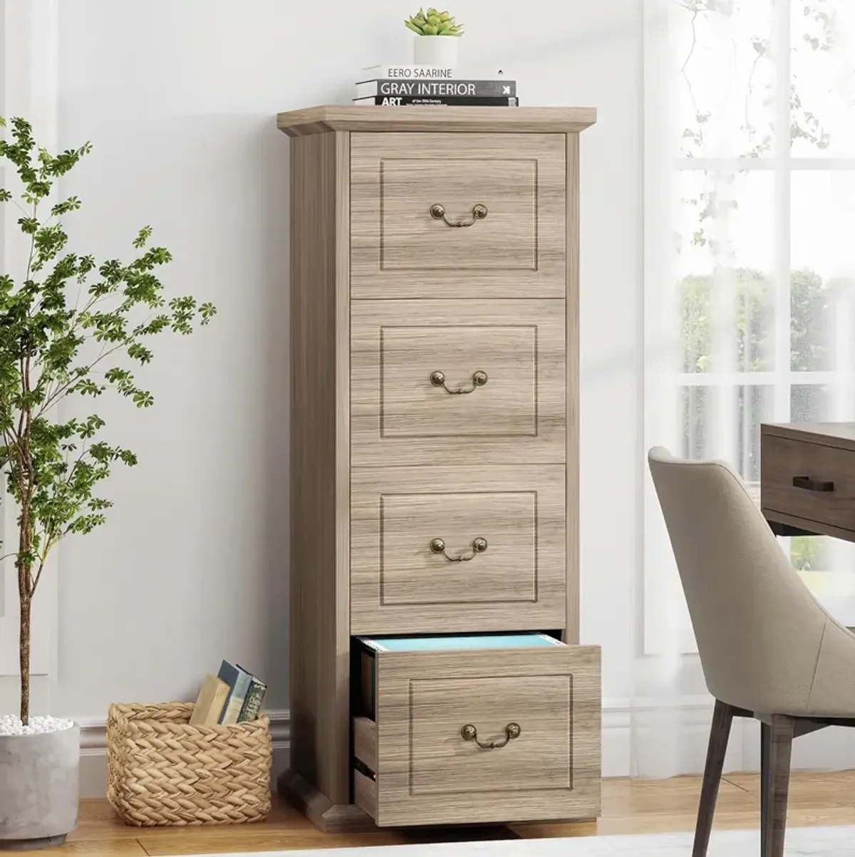4-Drawer Vertical File Cabinet, Filing Cabinet with Drawers, Wood File Cabinet for A4 /Letter Size Narrow Tall Filing Cabinets with Adjustable Hanging Rod for Home Office, Storage Lockers
