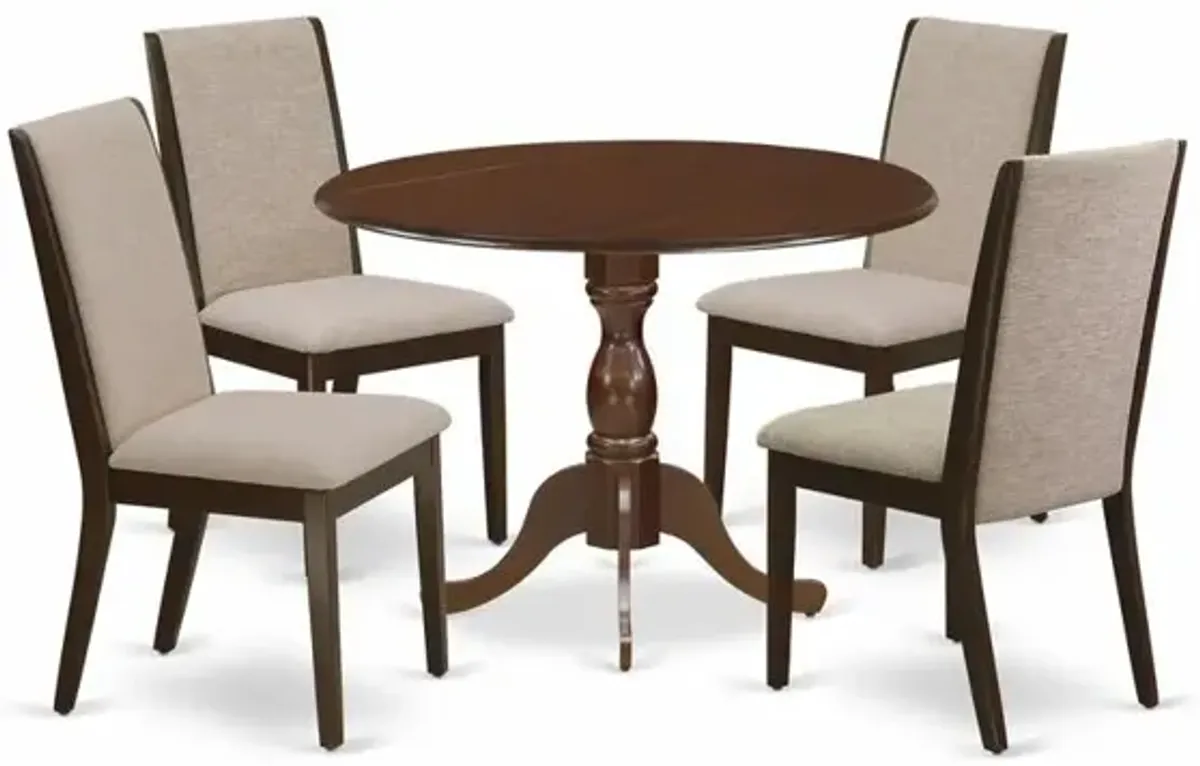 East West Furniture DMLA5-MAH-04 5 Piece Dining Table Set - Mahogany Wood Table and 4 Light Tan Linen Fabric Upholstered Dining Chairs with High Back - Mahogany Finish
