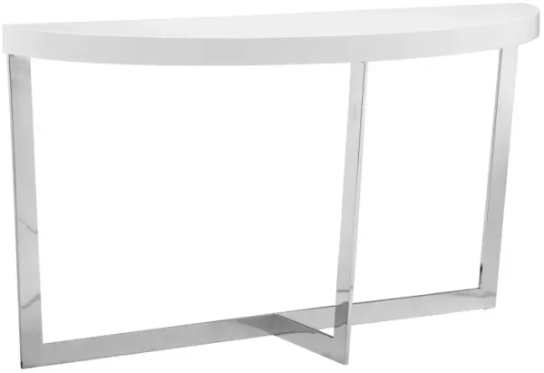 Tini 55 Inch Console Table, Oval Top, Chrome Frame, Sleek White Finish